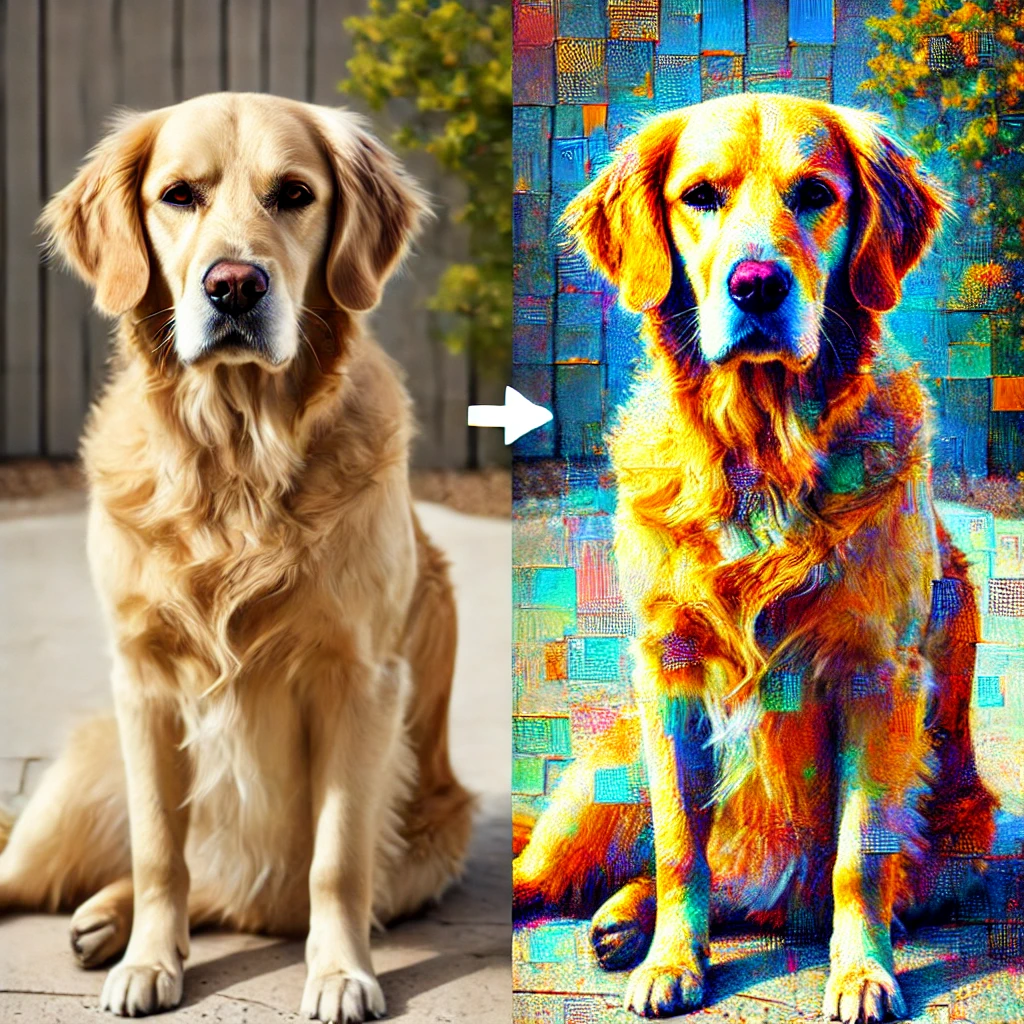 Split image showing a real dog photo next to its AI-generated artistic version